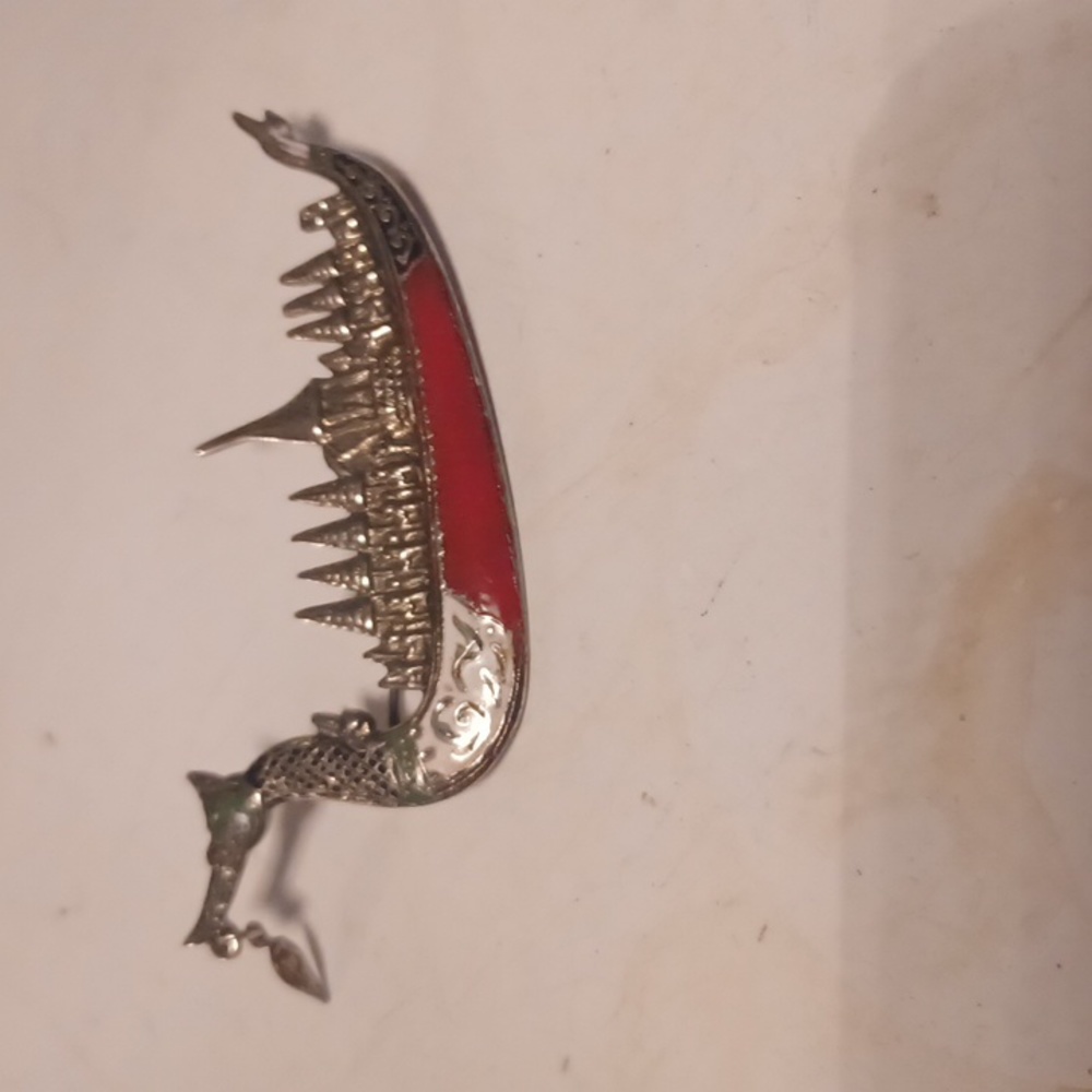 SILVER AND ENAMEL 1940S SIAMESE BOAT  BROOCH STERLING SILVER 925 RARE FIND